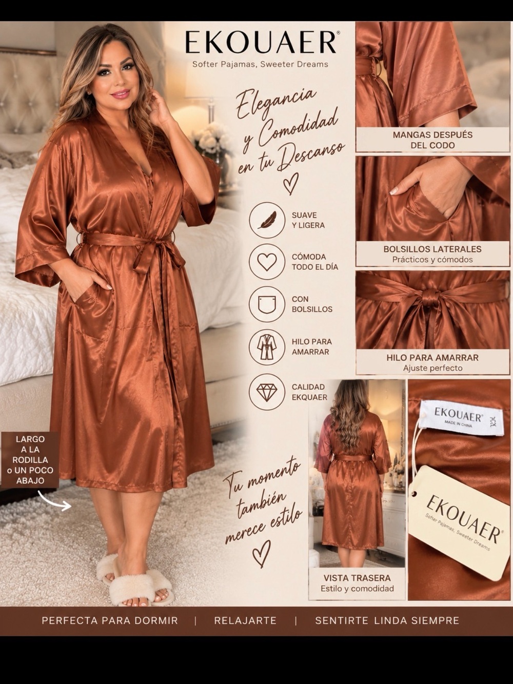 Women's Satin Robe - Copper Brown